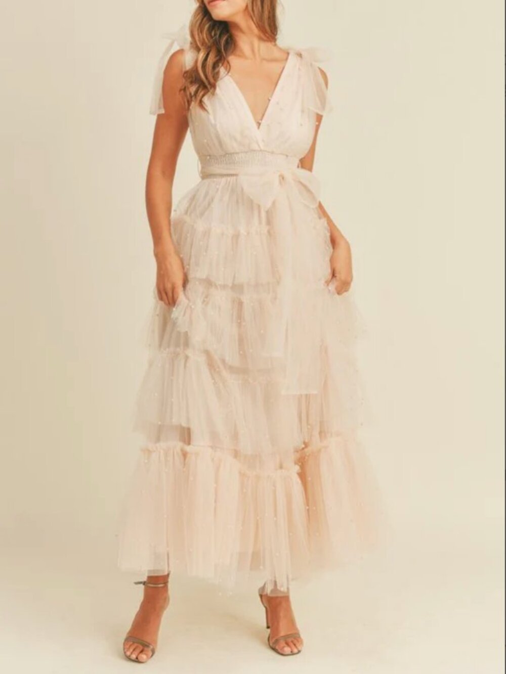 GWBG tulle tiered pearl embellishment maxi dress tie shoulder dress